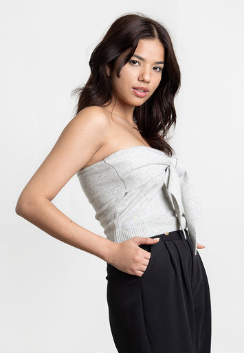 CODEMH Off Shoulder Tie Detail Sweater-Grey