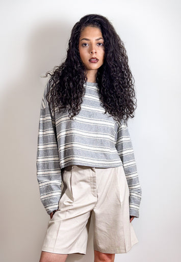 CODEMH Cropped Stripe Tee -Grey Stripe
